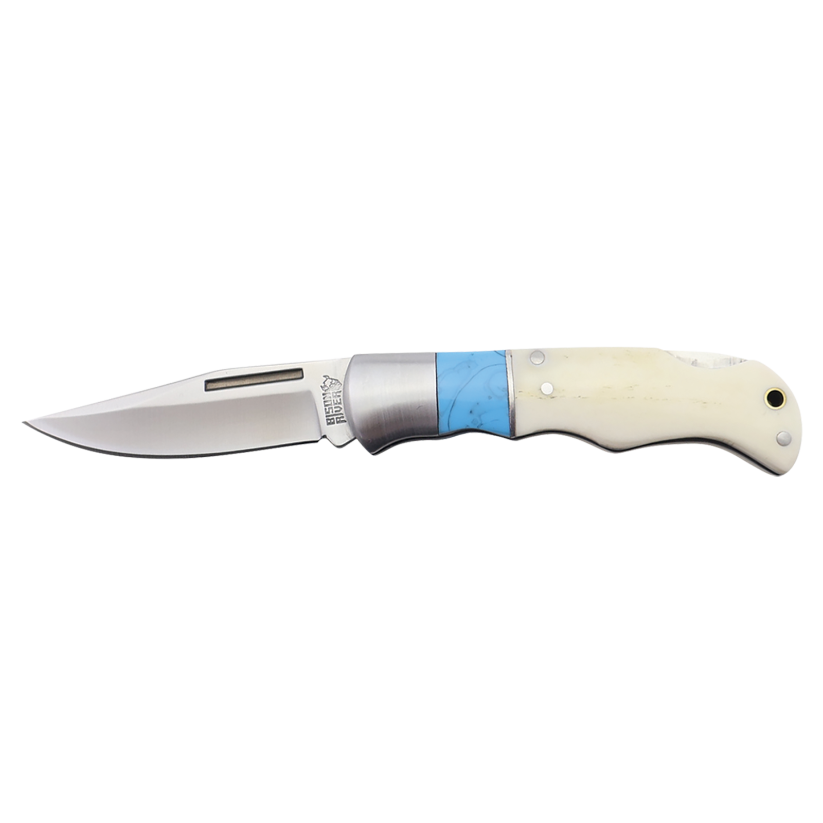 Bison River 3 1/2" Blue/Bone Folding Knife. Add $2-$10 for customization. thumbnail 2