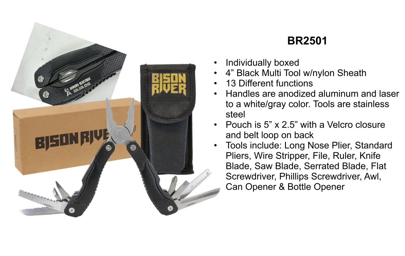 BR2501 - Bison River 4" Black 13 Function Multi Tool with Nylon Sheath thumbnail 4