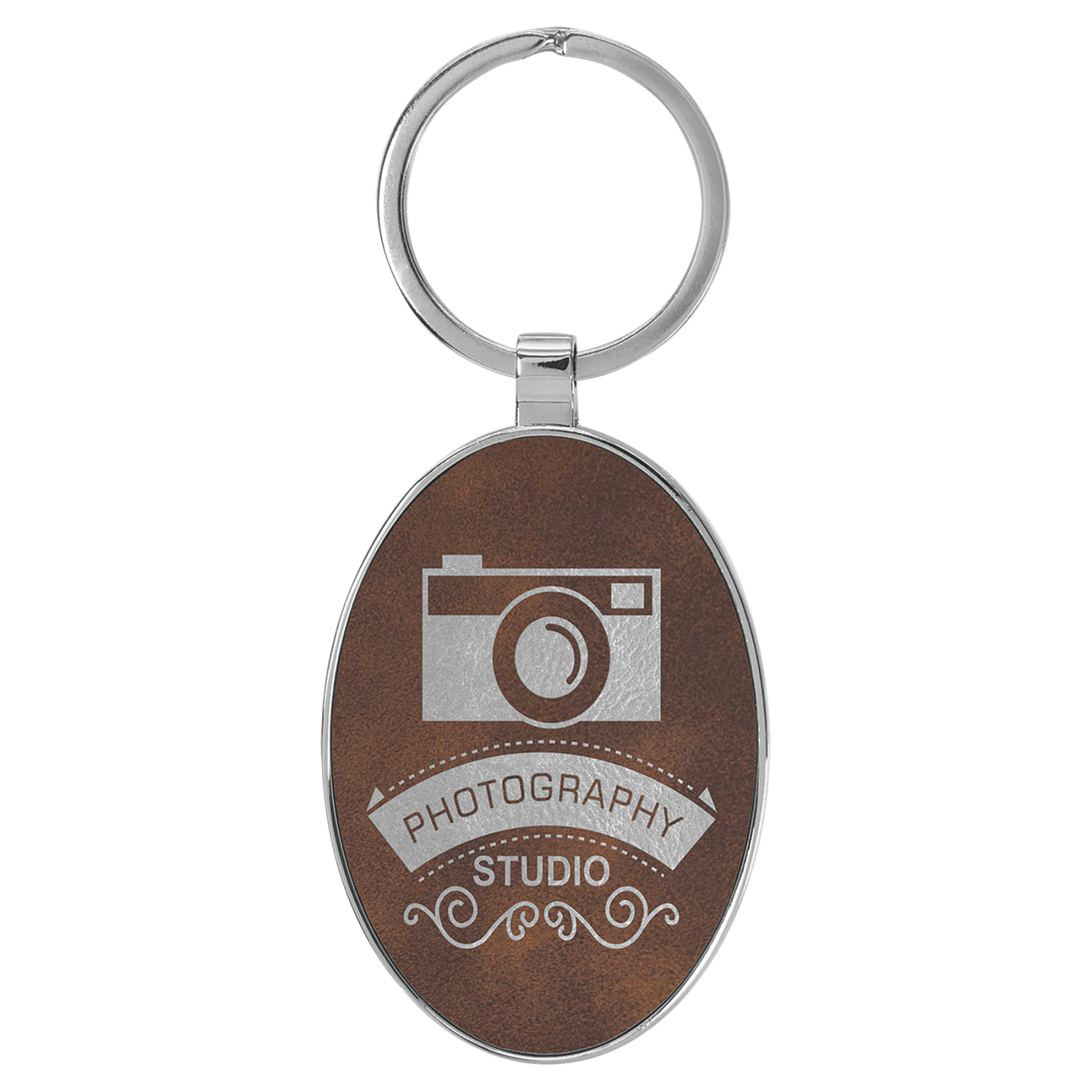 GFT2157 - 3" x 1 3/4" Laserable Leatherette/Metal frame Oval Keychain thumbnail 2