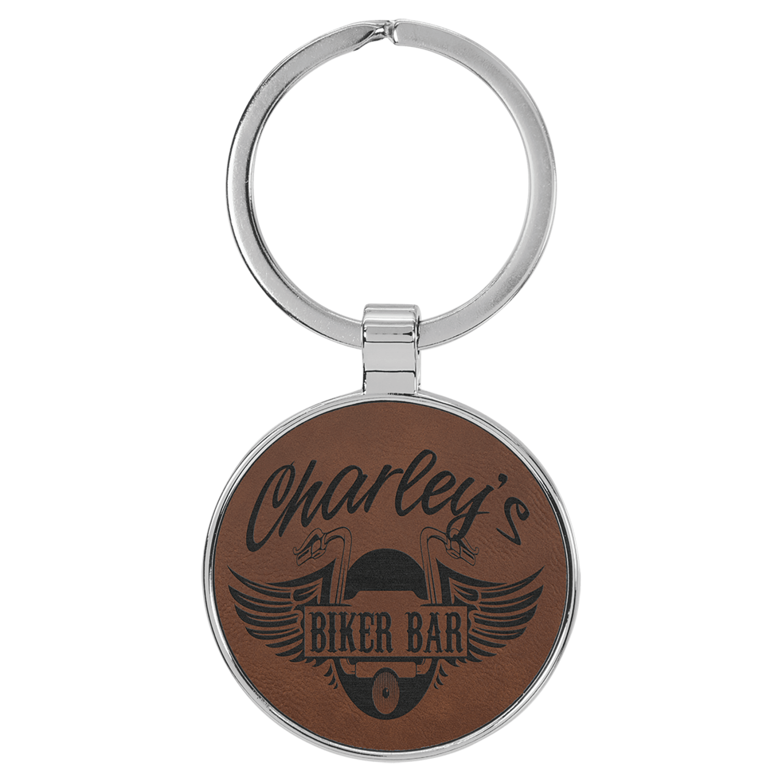GFT2191 - 1 1/2" Laserable Leatherette/Metal Round frame Keychain. thumbnail 2
