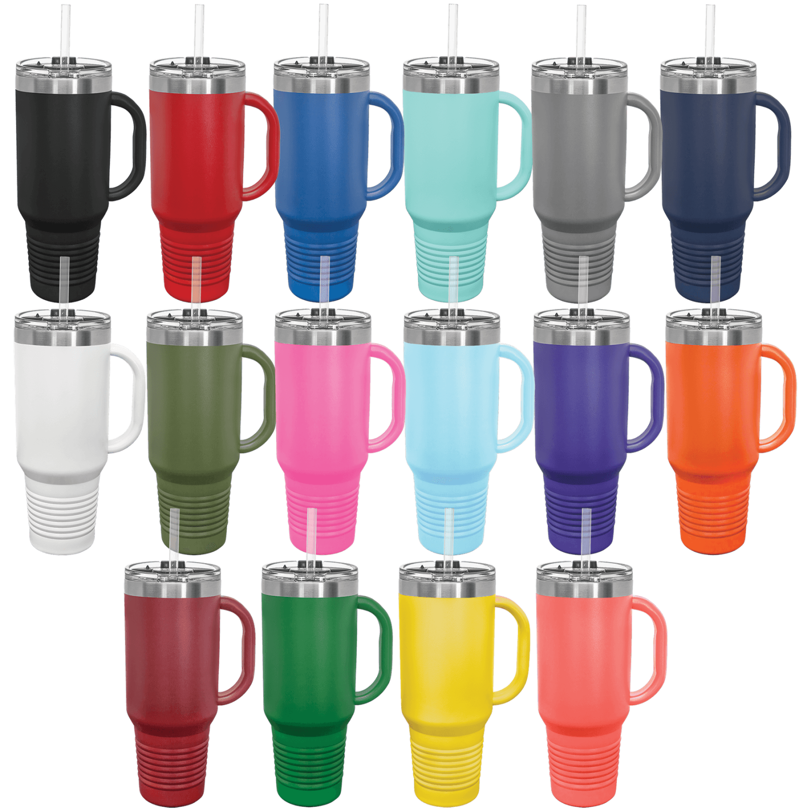 Travel mug stainless steel 40 ounce with straw and snap lid.