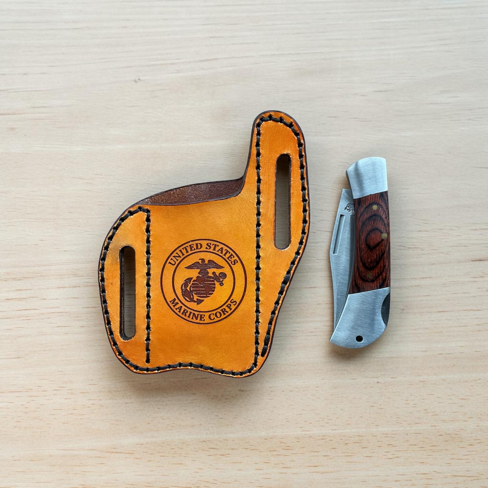 Custom angle pocket knife sheath with marine emblem. Made with top grain leather. thumbnail 2
