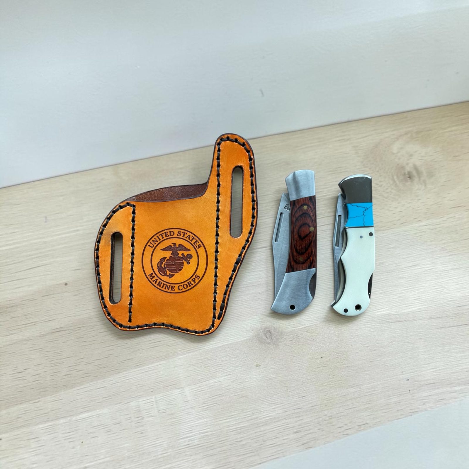 Custom angle pocket knife sheath with marine emblem. Made with top grain leather. thumbnail 3