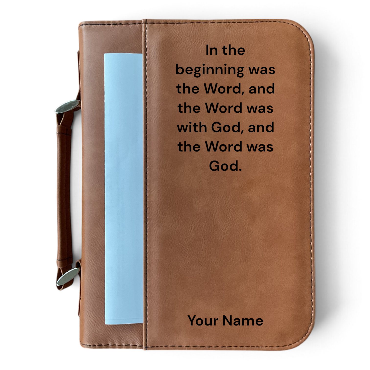 Beautiful rawhide colored, customizable leatherette bible case with easy to carry handle.