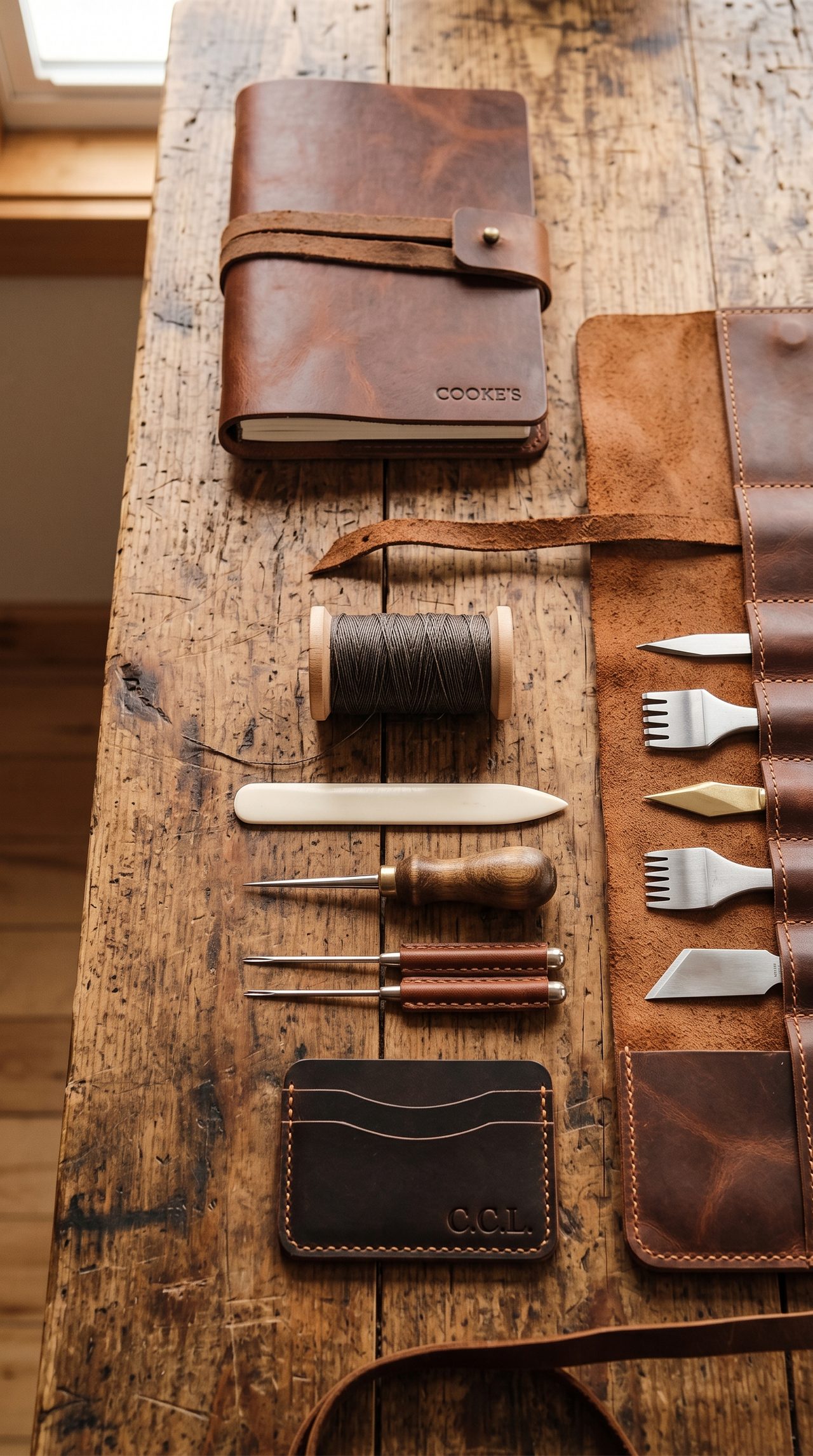 A handmade leather journal and card wallet embossed with the Cooke's mark, laid out with leatherworking tools on a wooden workbench